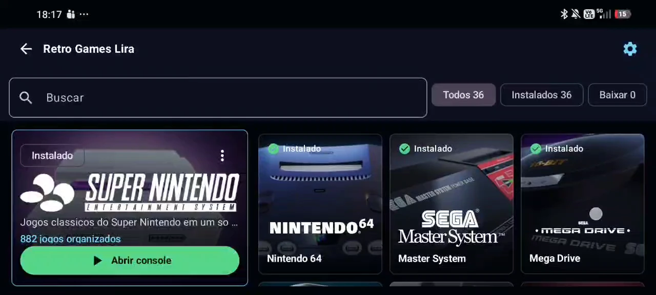 Biblioteca real do Retro Games Lira com Super Nintendo, Nintendo 64, Master System e Mega Drive